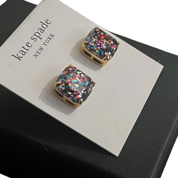 Kate Spade Glitter Crystal Square Gold Tone Stud Earrings Multicolor Rainbow NWT - Picture 2 of 5
